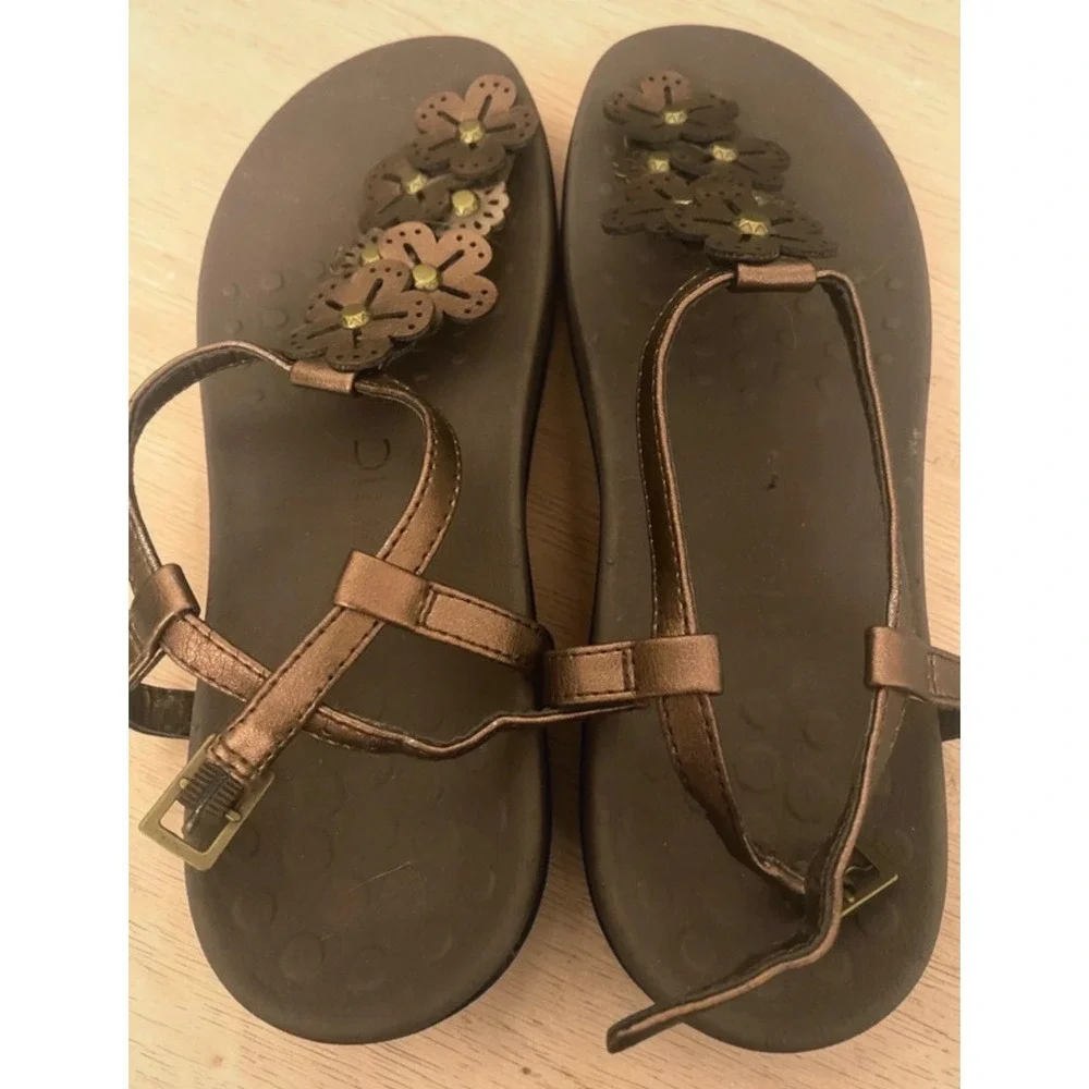 Vionic Julie II Bronze Lazer-cut Floral Orthotic T-Strap Women's size 6 Sandals